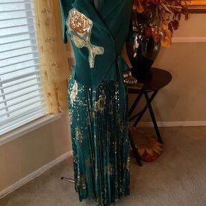 Green pleated Gold Foil Printing Embroidered Dress